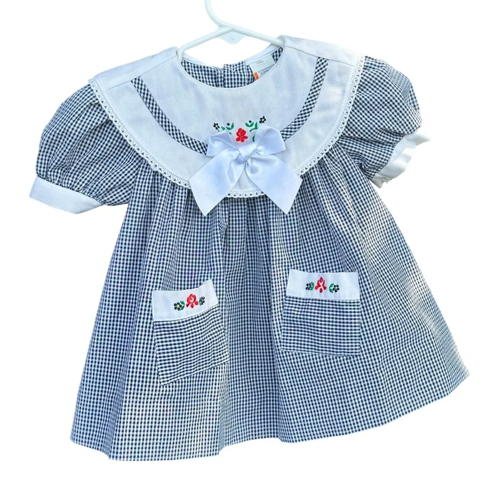 Vintage Gingham Baby Girl Dress Navy Blue White Floral Embroidery 12 Months Cute